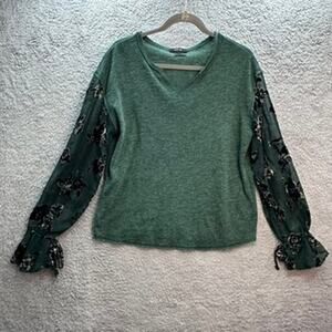 Miss Me Women's Large Green Blouse Sheer Sleeves Velvet Floral Cutouts Tie Cuffs